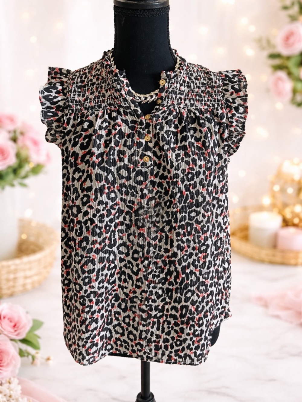LOFT Black & Pink Leopard Print Ruffle Sleeve Tank